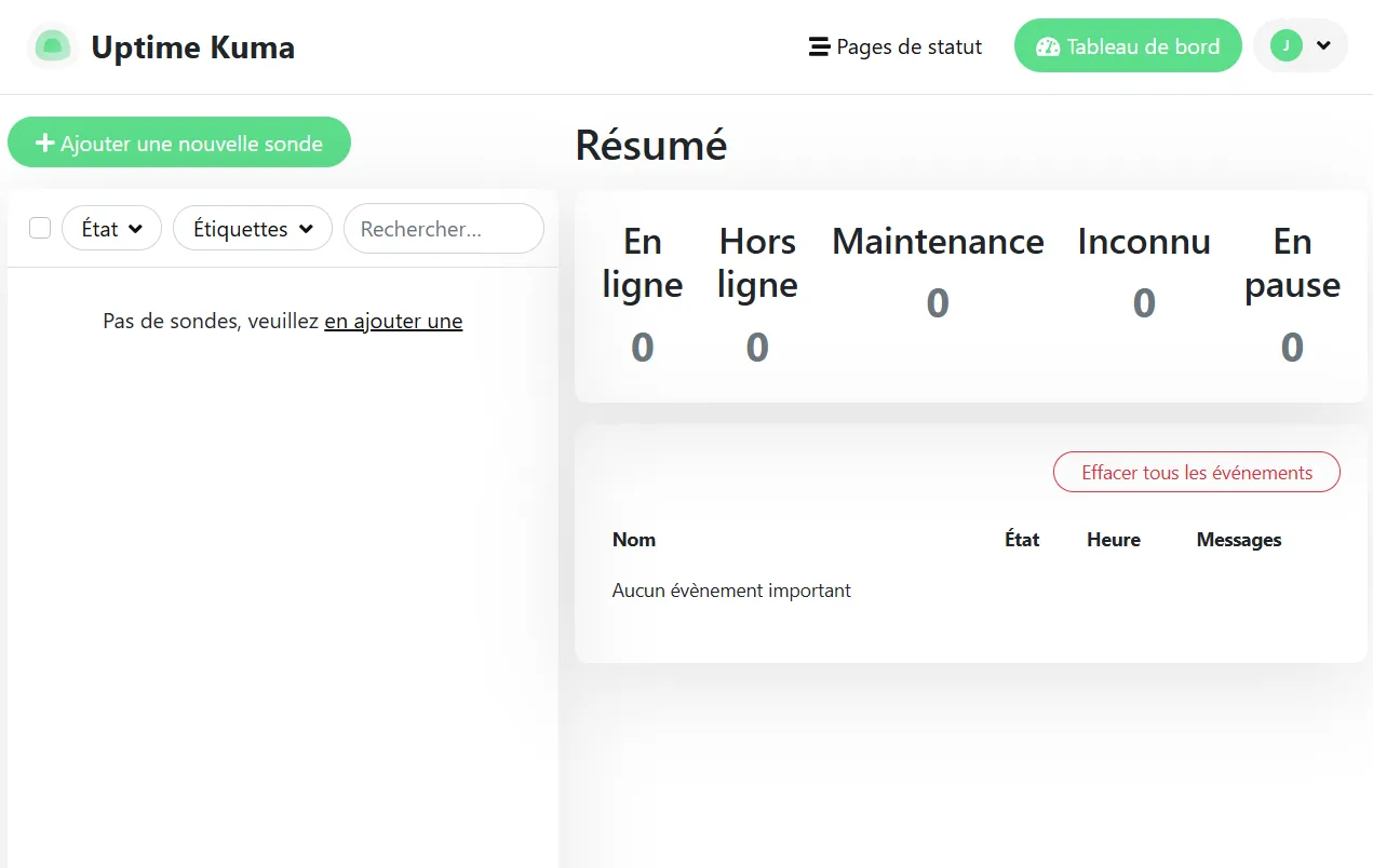 Tableau de bord uptime Kuma