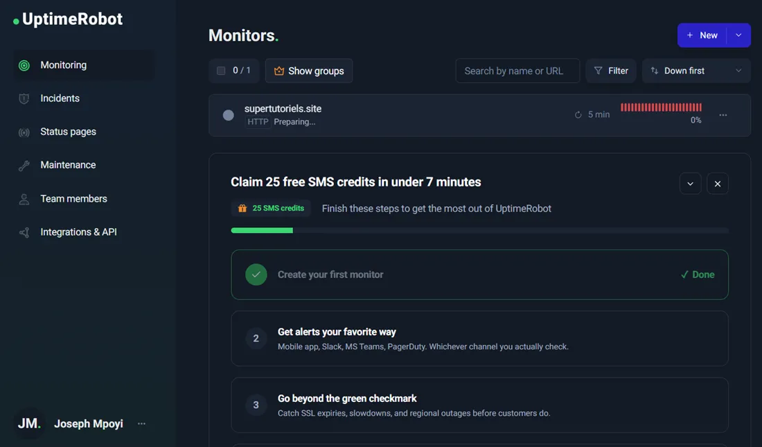 Tableau de bord uptime robot
