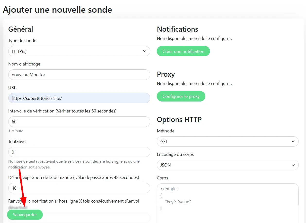 Tableau de création de moniteur dans Kuma