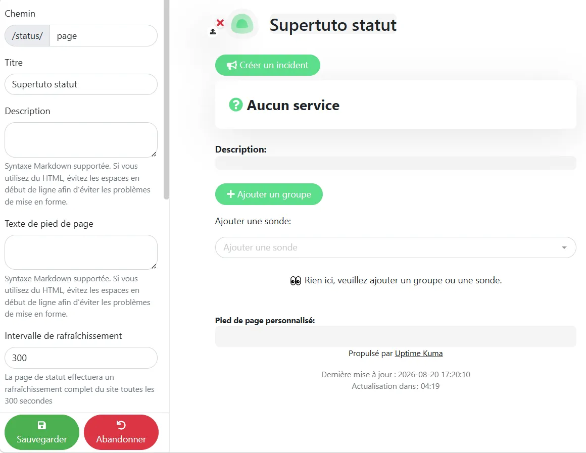 interface de création de uptime Kuma
