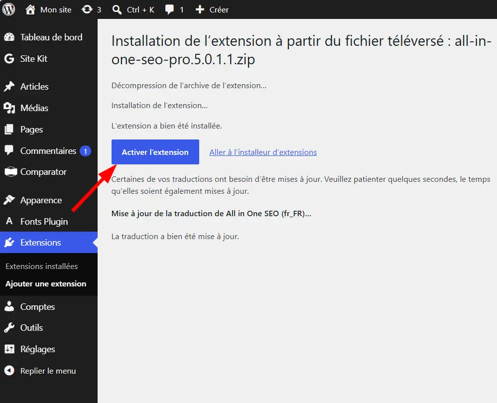 Activer l'extension pro de All In One SEO