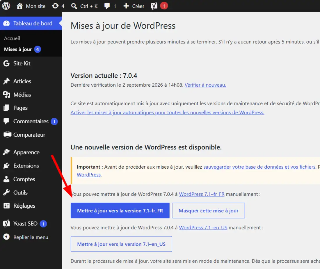Cliquer sur le bouton Mettre à jour WordPress