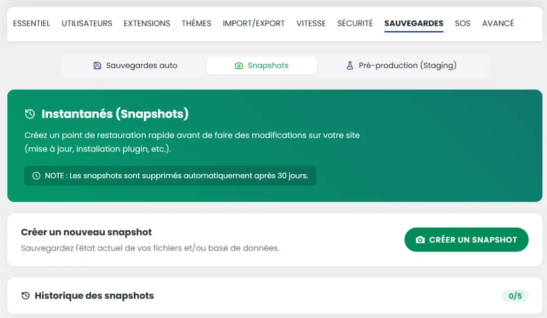 Créer un snapshot dans WP Manager de LWS