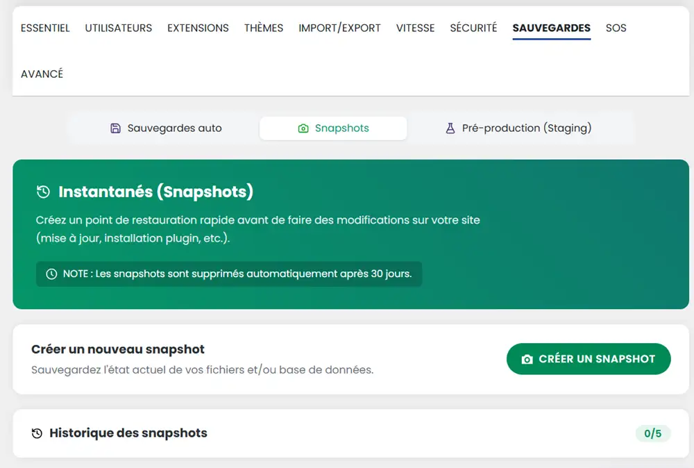 Créer un snapshot sur WP Manager de LWS