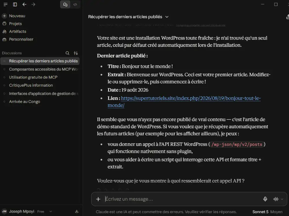 Lister les derniers articles publiés avec Claude MCP