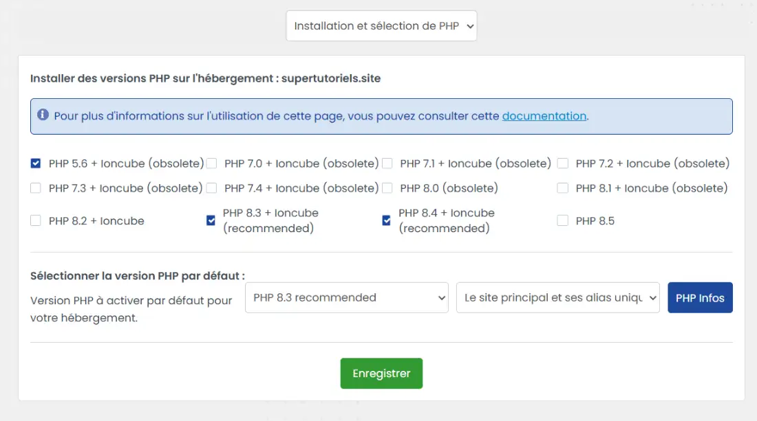 Sélection et gestion de PHP sur Panel LWS