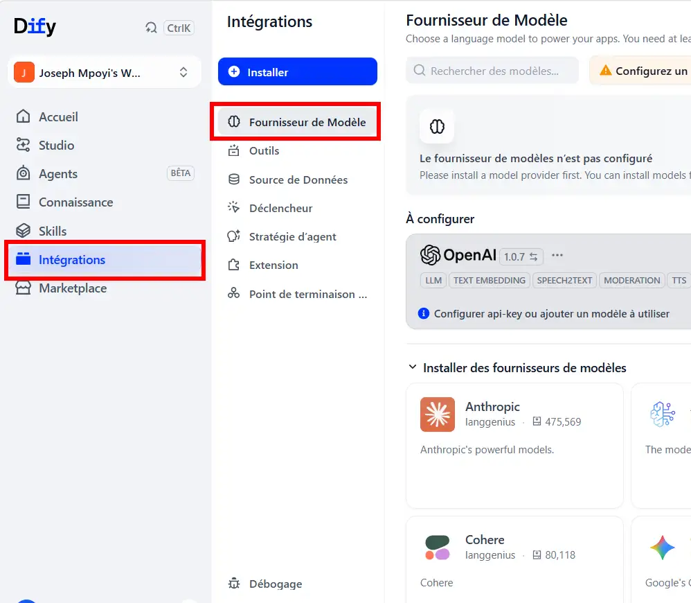 Accéder à la section Intégrations et fournisseurs de modèle