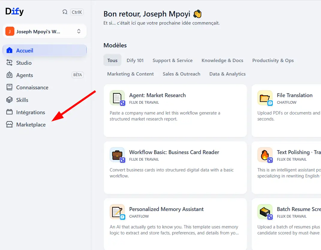 Accéder à la section Marketplace dans Dify