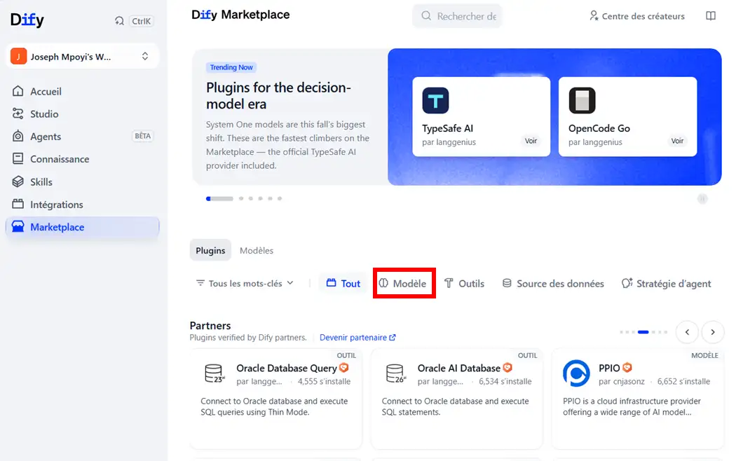 Accéder à la section Modèle dans Dify