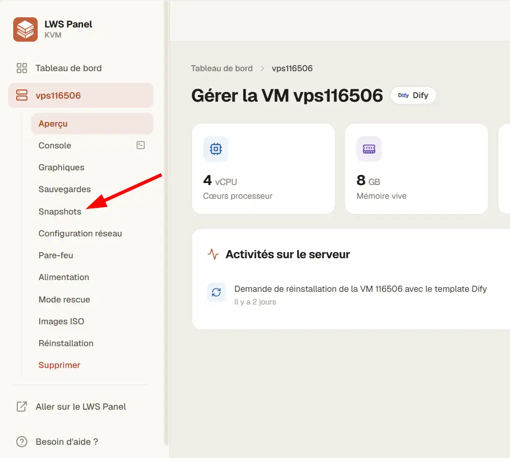 Accéder à la section Snapshot sur LWS panel