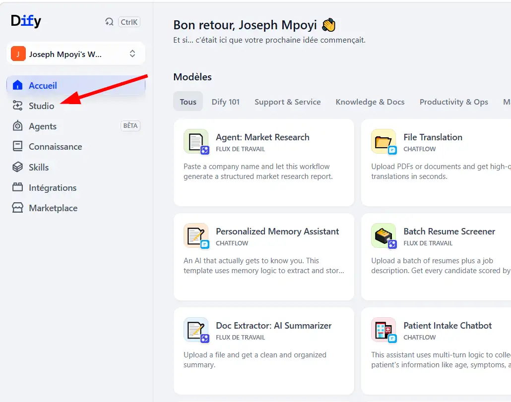 Accéder à la section Studio dans Dify