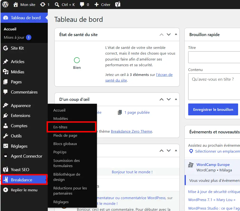 Accéder au réglage de l'en-tête du site dans Breakdance