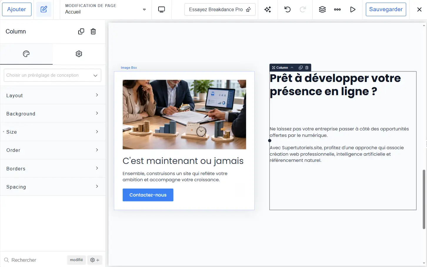 Ajouter la section "Contact" dans la page d'accueil sur Breakdance