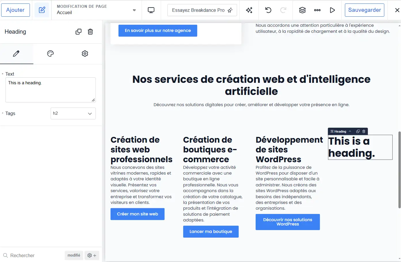 Ajouter la section Services sur la page d'accueil dans Breakdance