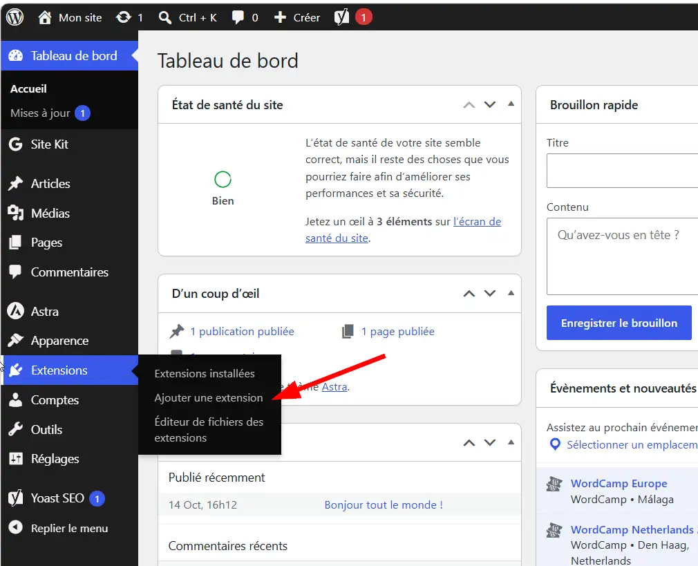 Interface "Ajouter une extension" dans le répertoire WordPress