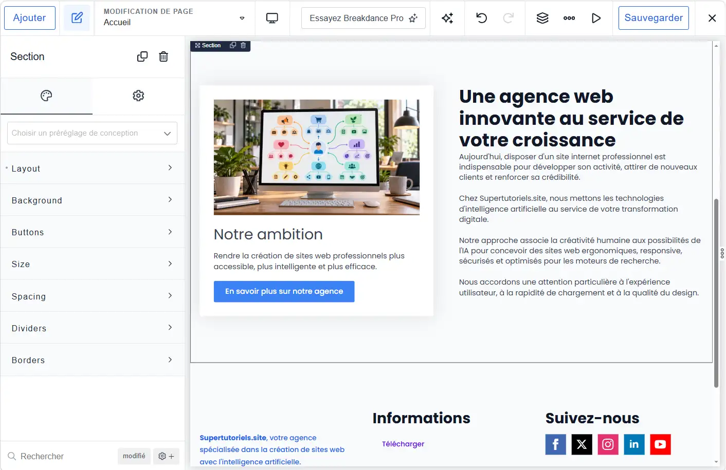 Ajouter une section "Présentation" de l'agence dans la page d'accueil dans Breakdance