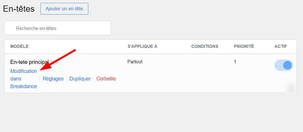 Choisir l'option "Modifier" dans Breakdance pour personnaliser l'en-tête du site