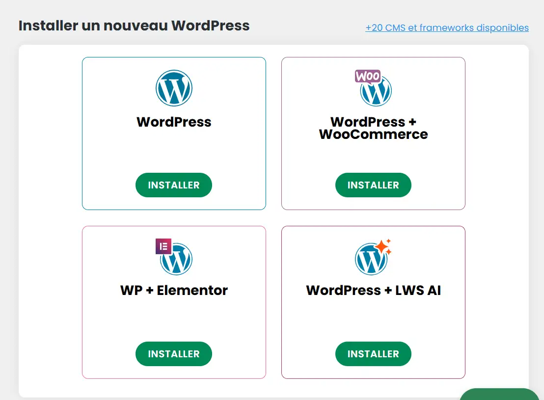 Choisir un pack d'installation de WordPress dans le panel LWS