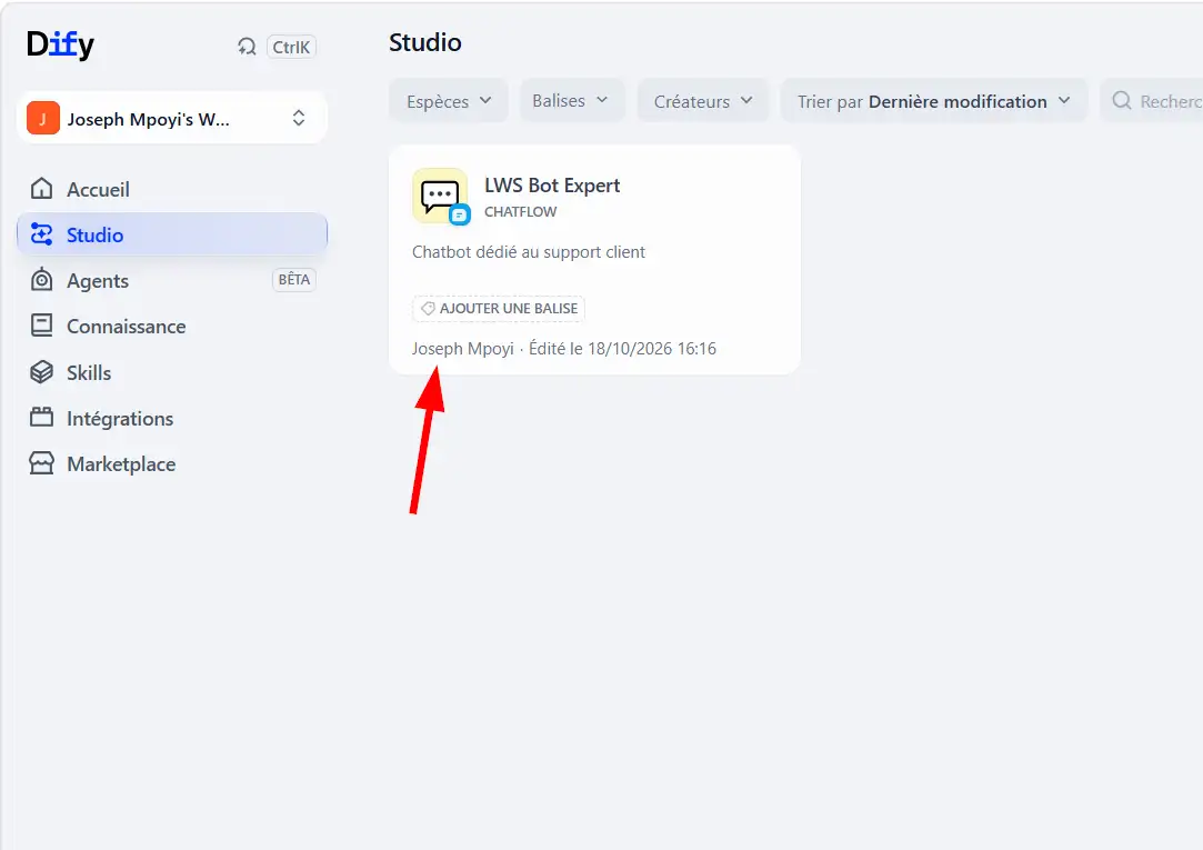 Cliquer sur l'application créée pour ouvrir l'interface de configuration