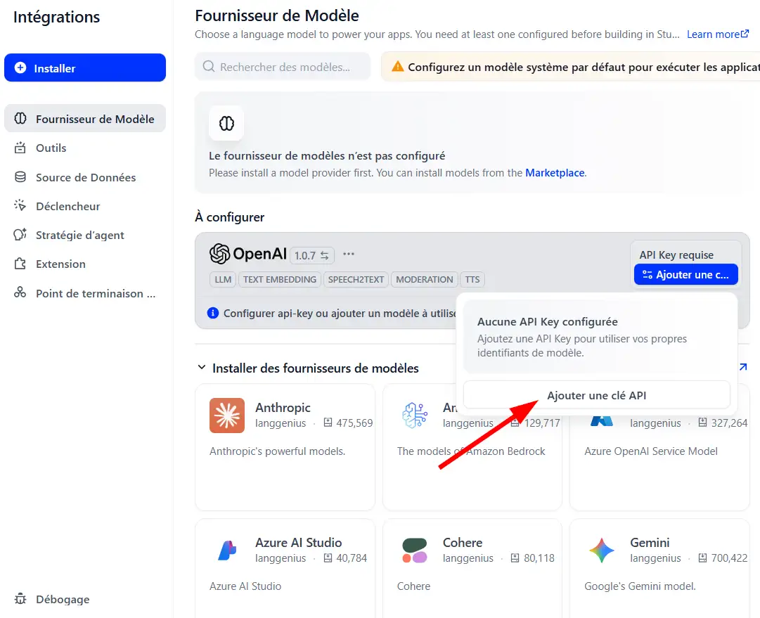 Cliquer sur le bouton "Ajouter une clé API" sur Dify