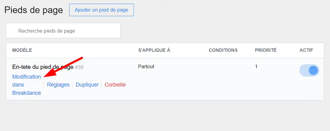 Cliquer sur le bouton Modification dans Breakdance de l'en-tête du pied de page