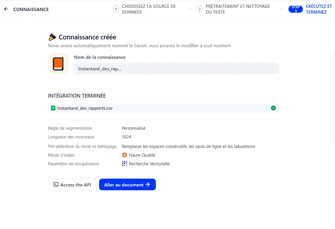 Confirmation de création de la base de connaissances dans Dify