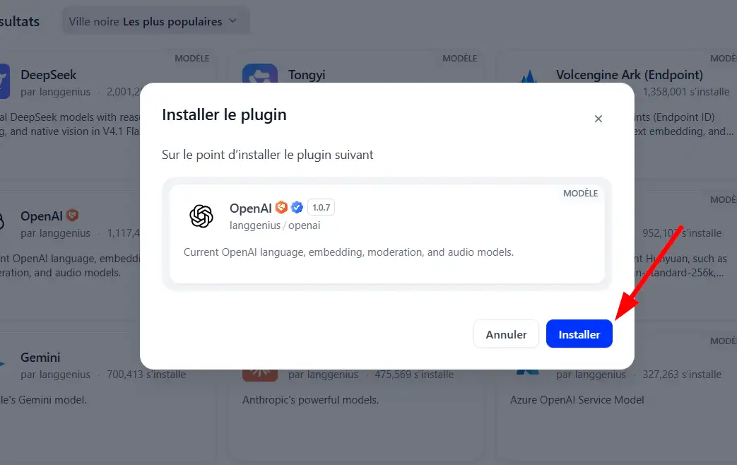 Confirmer l'installation du plugin OpenAI sur Dify