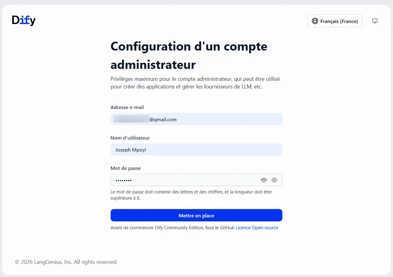 Créer un compte administrateur sur Dify