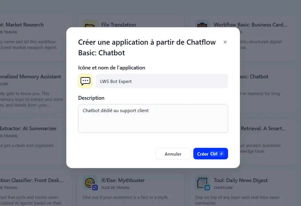 Décrire et créer l'application dans Dify