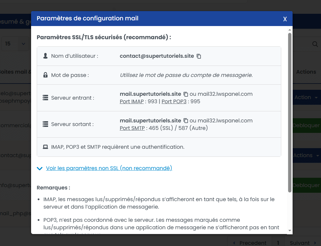 Enregistrer les paramètres de configuration de mail
