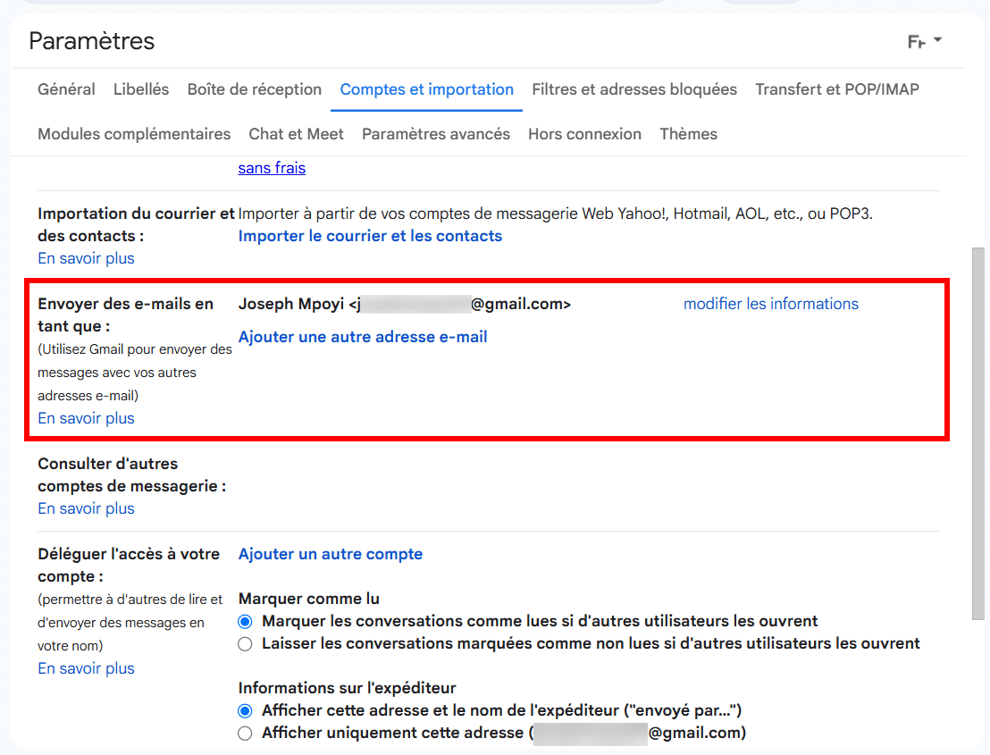 Gmailify POP Gmail : Envoyer les messages entant que