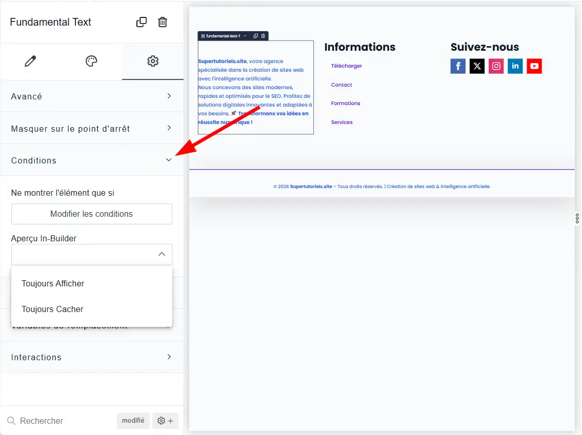 Fixer les conditions d'affichage du pied de page dans Breakdance