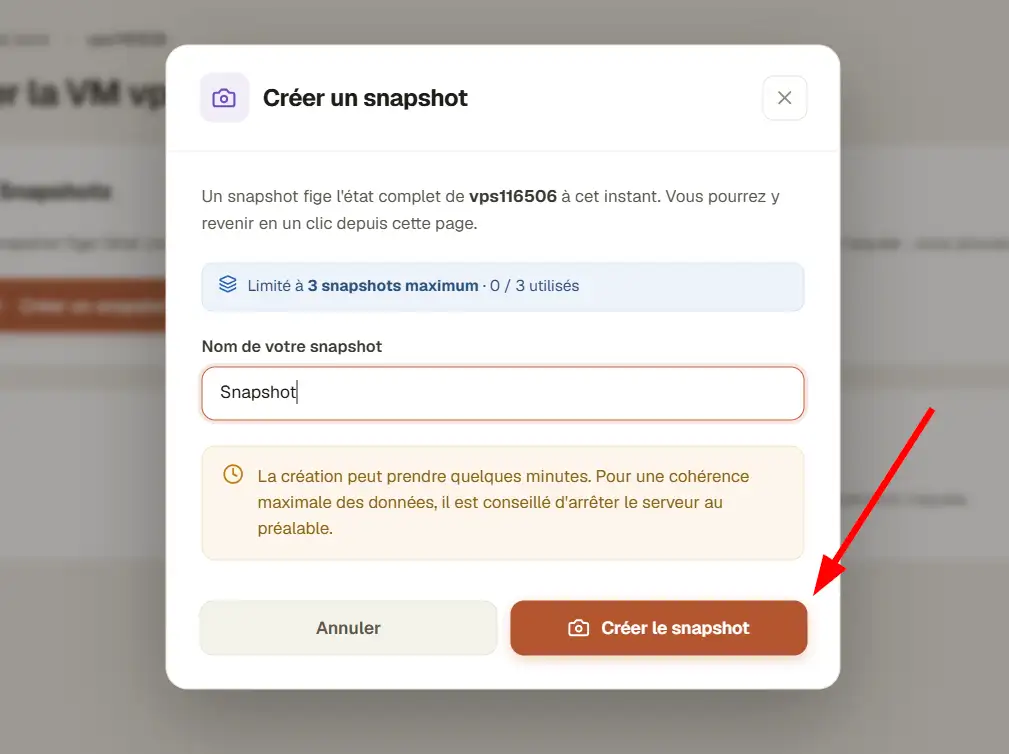 Interface de création de snapshot sur LWS Panel