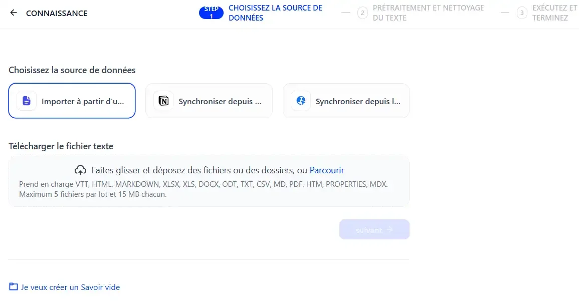 Interface de création et importation de bases de connaissances