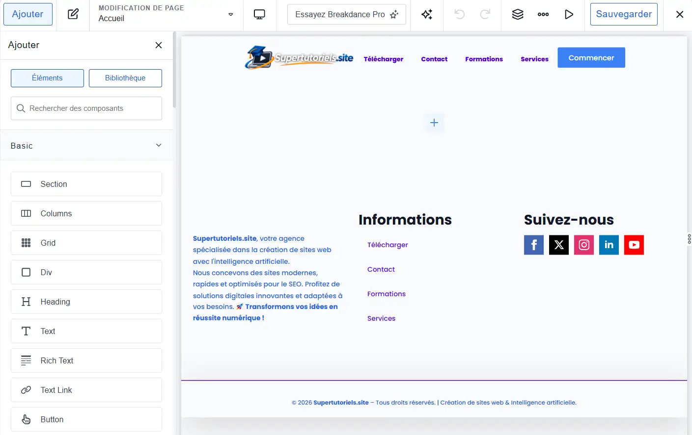 Interface pour éditer la page d'accueil dans Breakdance