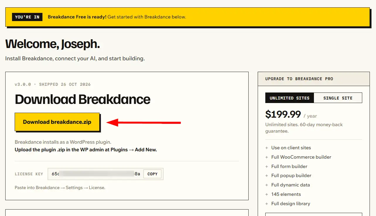 Obtenir le fichier zip du plugin Breakdance