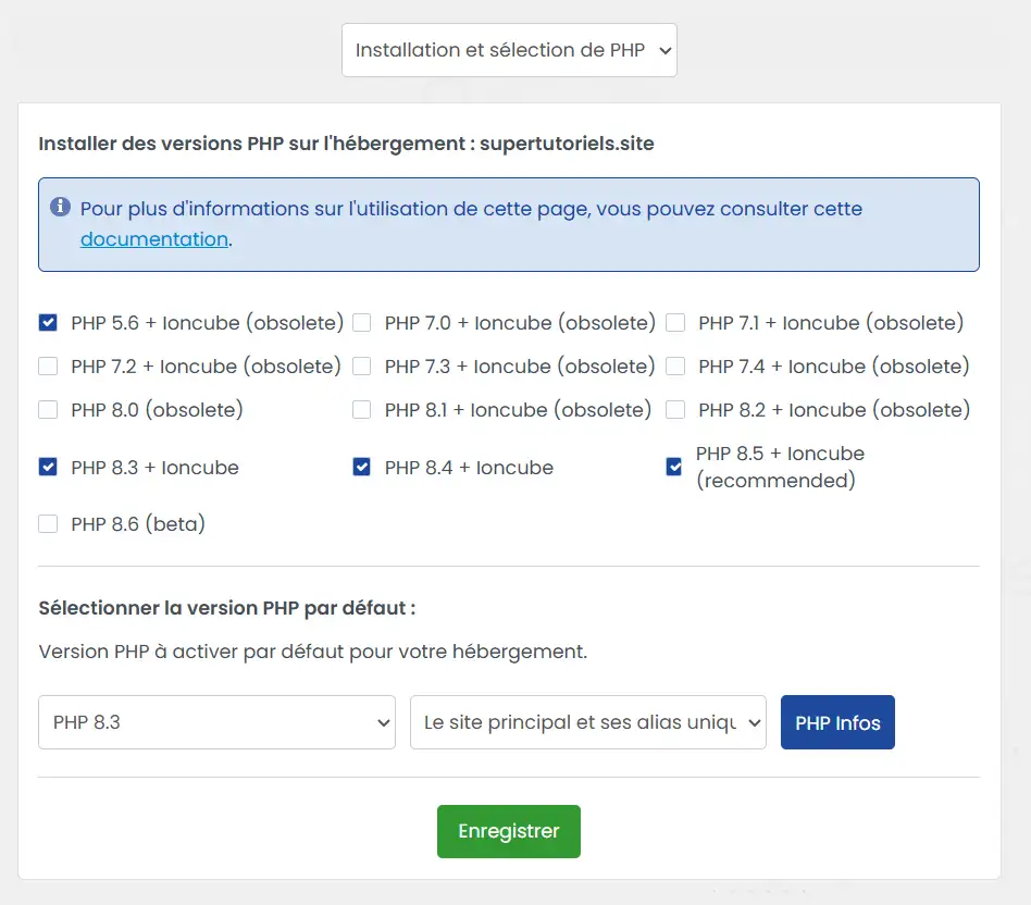 Outil de sélection de PHP dans LWS Panel