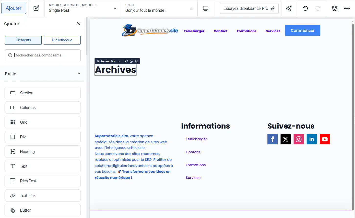 Personnaliser la page Blog du site dans Breakdance