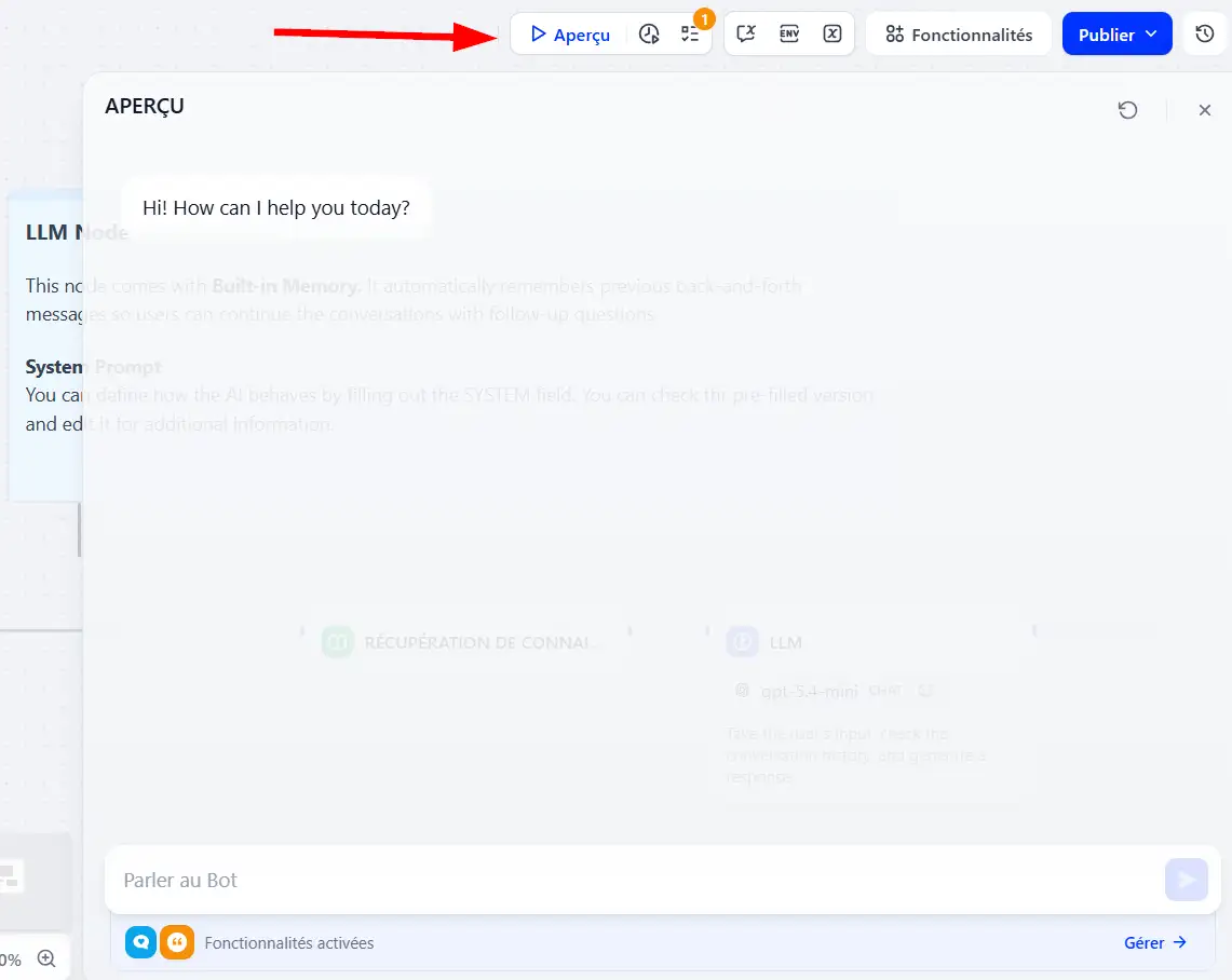 Prévisualiser l'application bot que vous avez créée