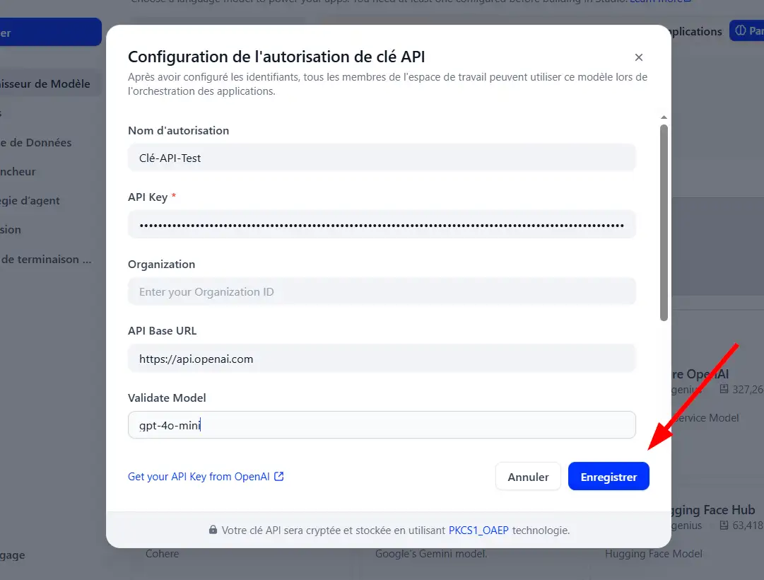 Remplir l'interface de configuration d'une clé API sur Dify