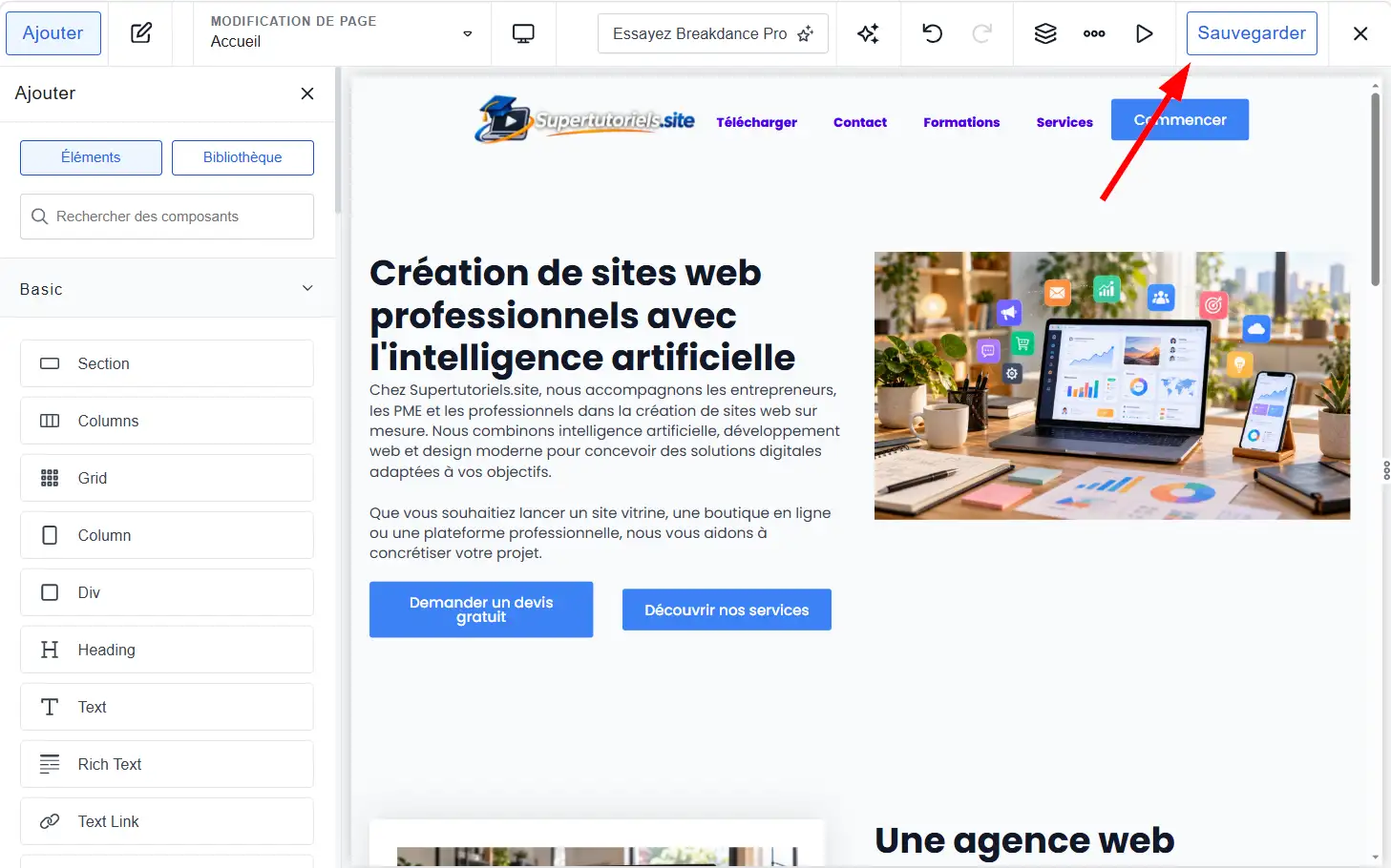 Sauvegarder la page d'accueil du site
