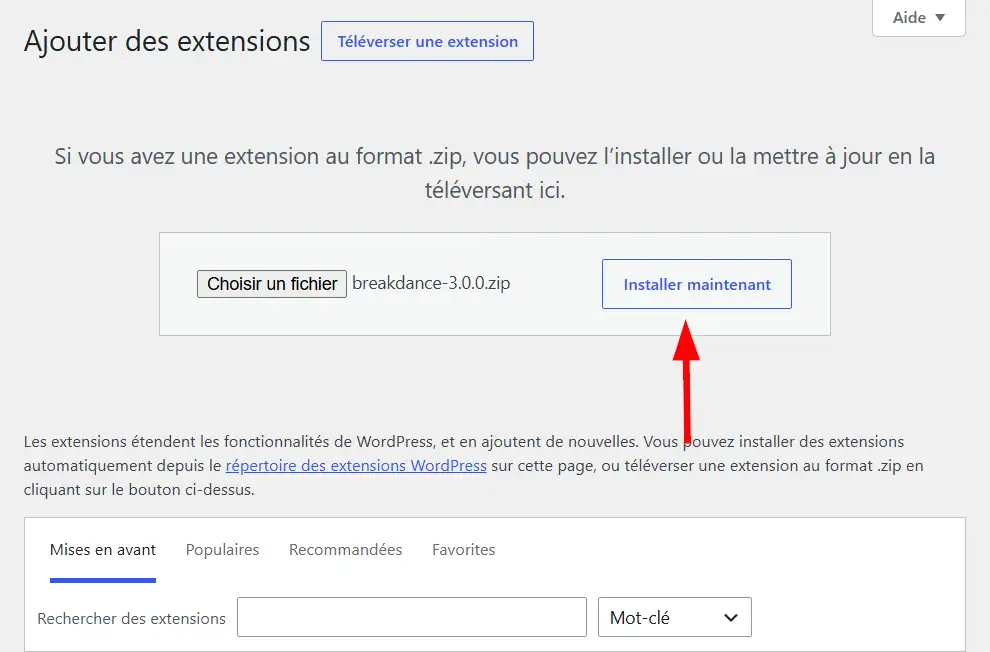Sélectionner et installer le plugin Breakdance dans WordPress