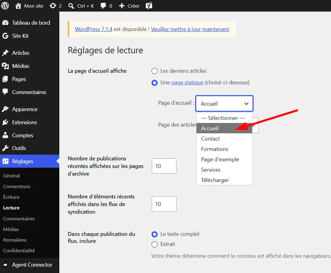 Sélectionner la page d'accueil dans Breakdance