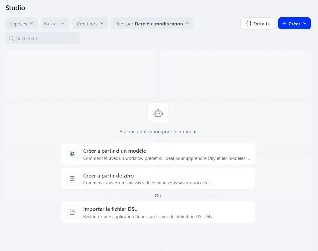 Sélectionner l'option permettant de créer une application dans Dify