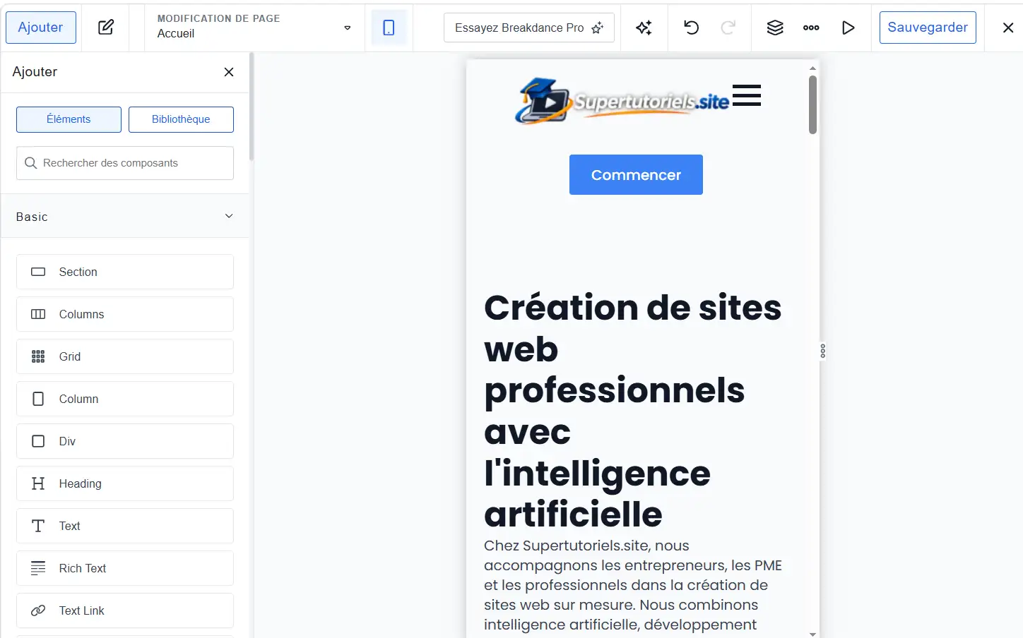 Vérifier l'affichage du site dans les interfaces mobiles après création de la page d'accueil