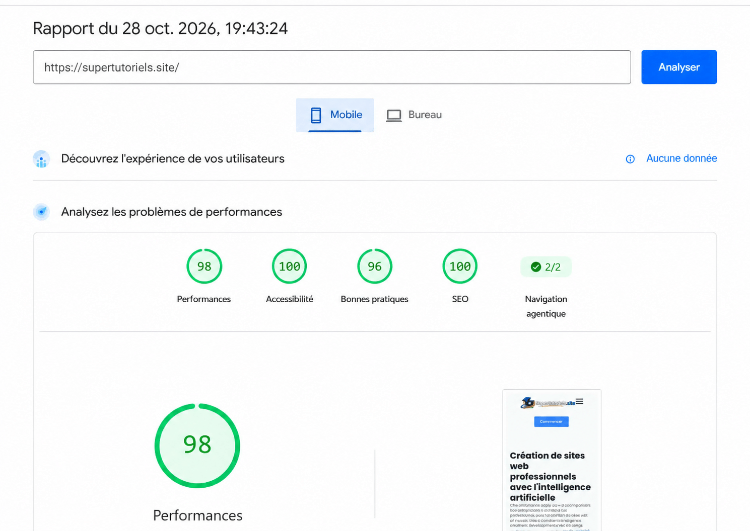 Score de performances après installation de LWS Optimize