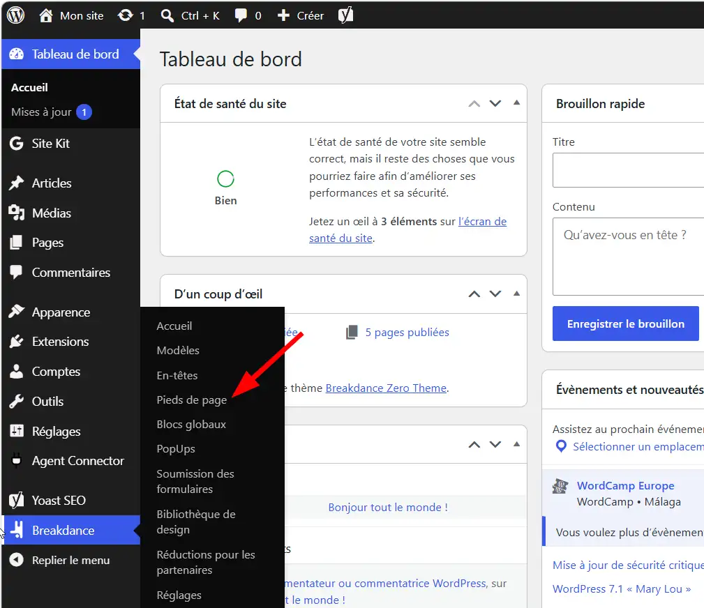 Accéder à la section Pieds de page pour la construction